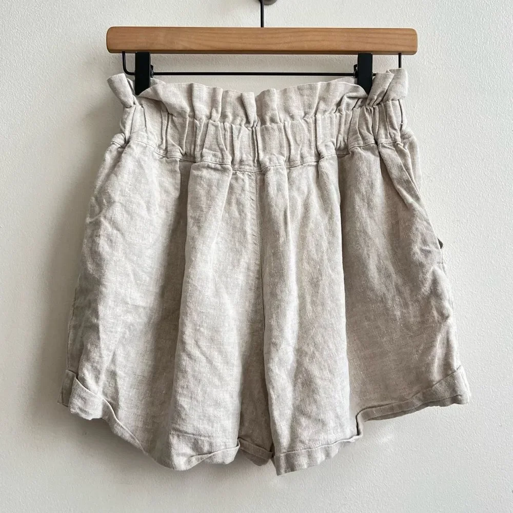 POSSE ducky Paperbag style high waist 100% lien Tan shorts women Size Small